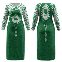 Personalised Cook Islands Rarotonga Family Matching Long Sleeve Bodycon Dress and Hawaiian Shirt Map With Kuki Airani Manta Ray Tattoo LT14 Mom's Dress Green - Polynesian Pride