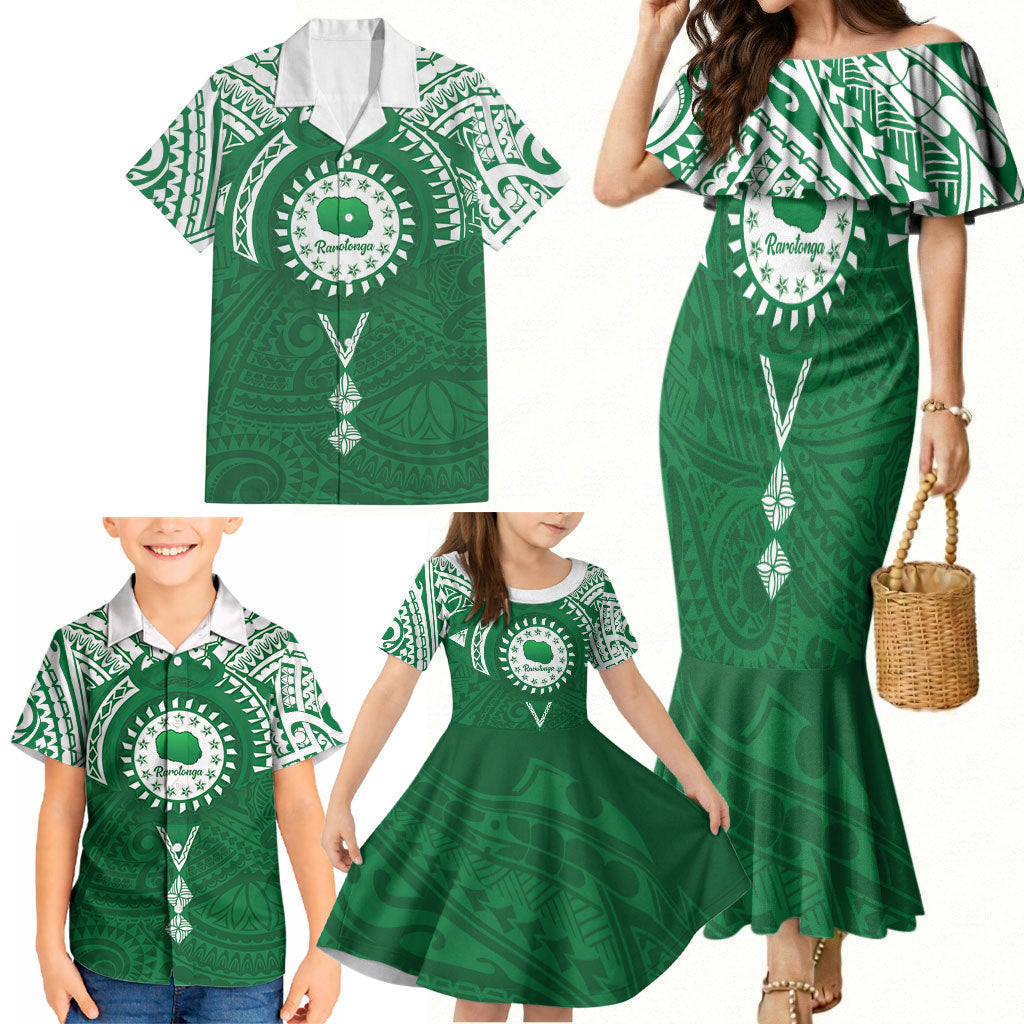 Personalised Cook Islands Rarotonga Family Matching Mermaid Dress and Hawaiian Shirt Map With Kuki Airani Manta Ray Tattoo LT14 - Polynesian Pride