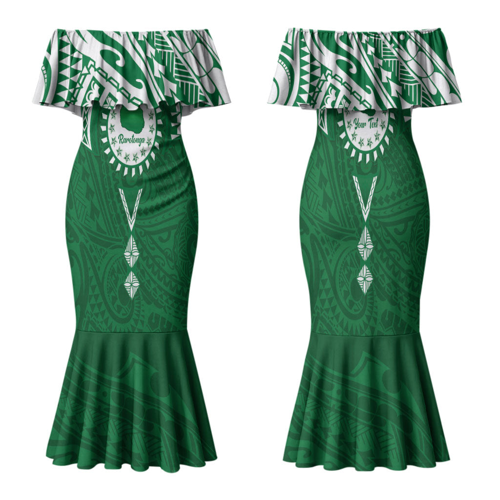 Personalised Cook Islands Rarotonga Family Matching Mermaid Dress and Hawaiian Shirt Map With Kuki Airani Manta Ray Tattoo LT14 Mom's Dress Green - Polynesian Pride