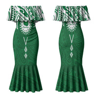 Personalised Cook Islands Rarotonga Family Matching Mermaid Dress and Hawaiian Shirt Map With Kuki Airani Manta Ray Tattoo LT14 Mom's Dress Green - Polynesian Pride