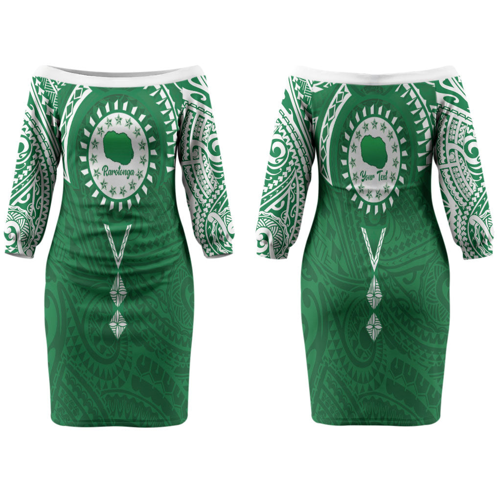 Personalised Cook Islands Rarotonga Family Matching Off The Shoulder Long Sleeve Dress and Hawaiian Shirt Map With Kuki Airani Manta Ray Tattoo LT14 Mom's Dress Green - Polynesian Pride