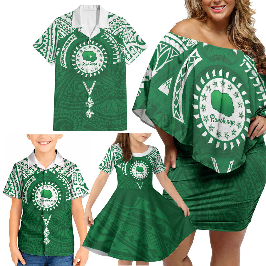 Personalised Cook Islands Rarotonga Family Matching Off Shoulder Short Dress and Hawaiian Shirt Map With Kuki Airani Manta Ray Tattoo LT14 - Polynesian Pride