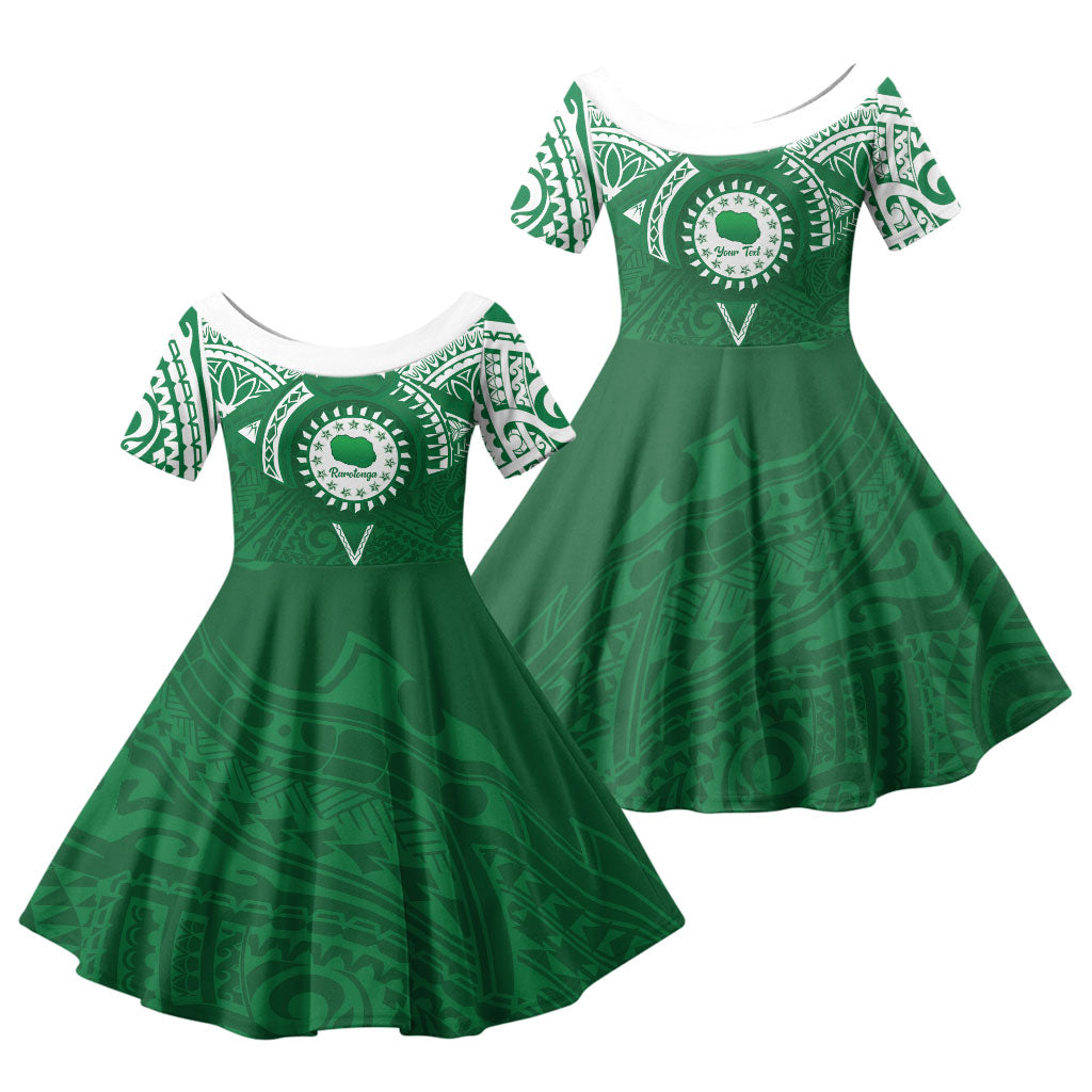 Personalised Cook Islands Rarotonga Family Matching Puletasi and Hawaiian Shirt Map With Kuki Airani Manta Ray Tattoo LT14 Daughter's Dress Green - Polynesian Pride