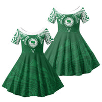 Personalised Cook Islands Rarotonga Family Matching Puletasi and Hawaiian Shirt Map With Kuki Airani Manta Ray Tattoo LT14 Daughter's Dress Green - Polynesian Pride