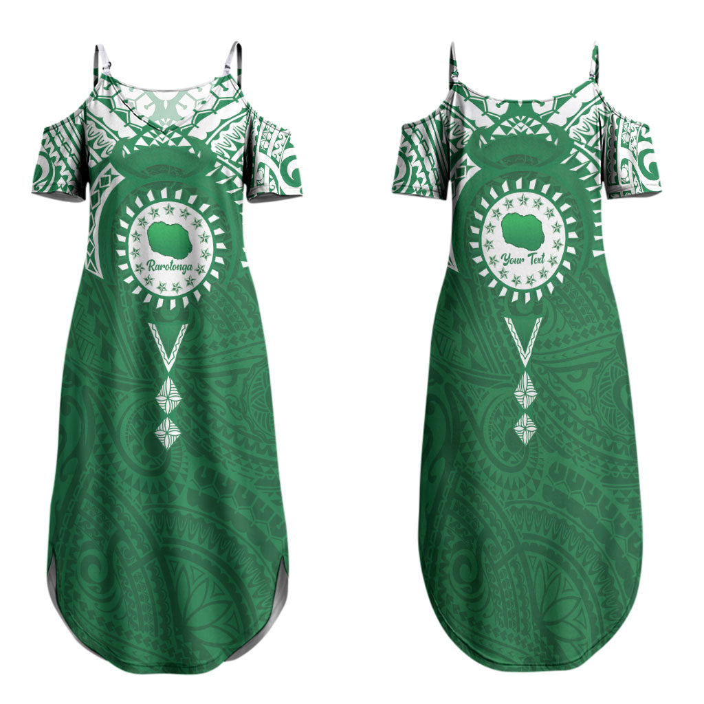 Personalised Cook Islands Rarotonga Family Matching Summer Maxi Dress and Hawaiian Shirt Map With Kuki Airani Manta Ray Tattoo LT14 Mom's Dress Green - Polynesian Pride