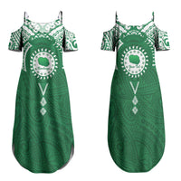 Personalised Cook Islands Rarotonga Family Matching Summer Maxi Dress and Hawaiian Shirt Map With Kuki Airani Manta Ray Tattoo LT14 Mom's Dress Green - Polynesian Pride
