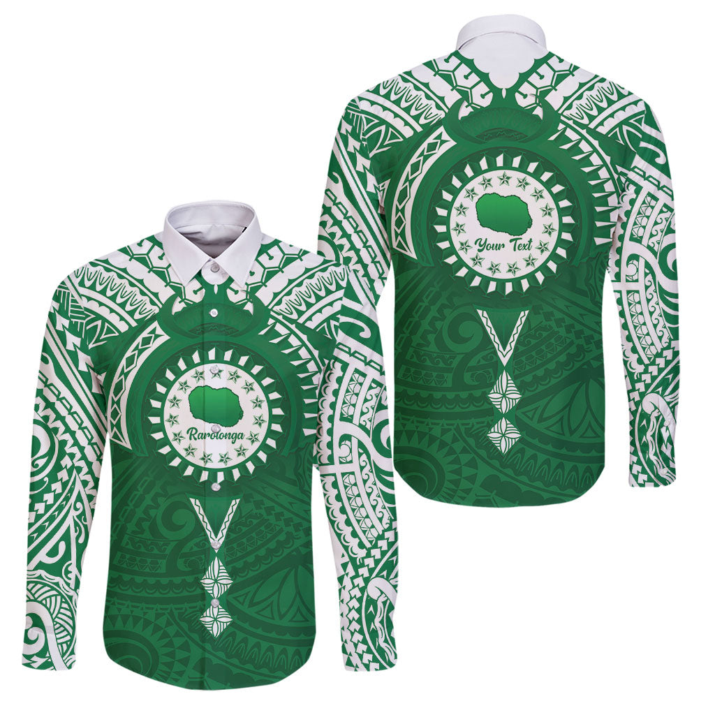 Personalised Cook Islands Rarotonga Family Matching Summer Maxi Dress and Hawaiian Shirt Map With Kuki Airani Manta Ray Tattoo LT14 Dad's Shirt - Long Sleeve Green - Polynesian Pride