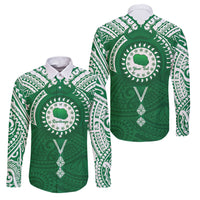 Personalised Cook Islands Rarotonga Family Matching Summer Maxi Dress and Hawaiian Shirt Map With Kuki Airani Manta Ray Tattoo LT14 Dad's Shirt - Long Sleeve Green - Polynesian Pride