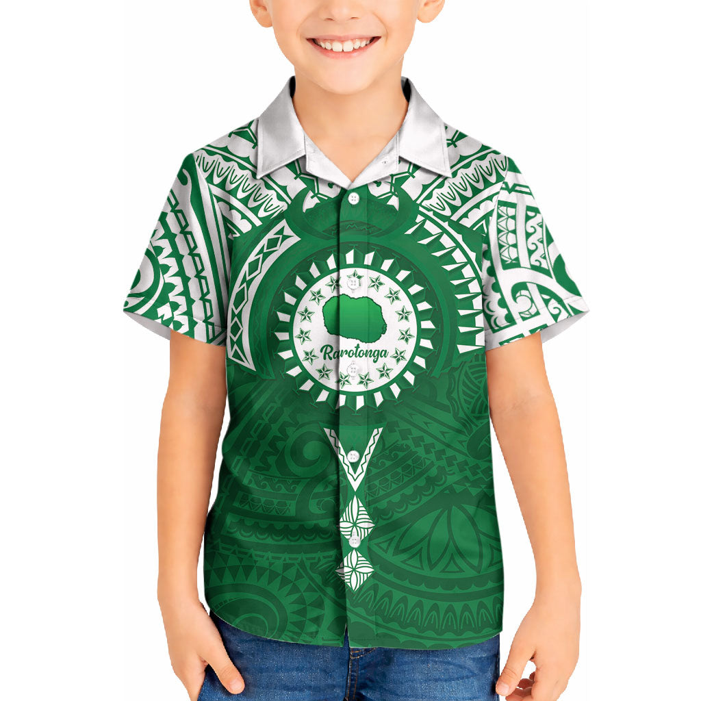 Personalised Cook Islands Rarotonga Kid Hawaiian Shirt Map With Kuki Airani Manta Ray Tattoo LT14 Kid Green - Polynesian Pride