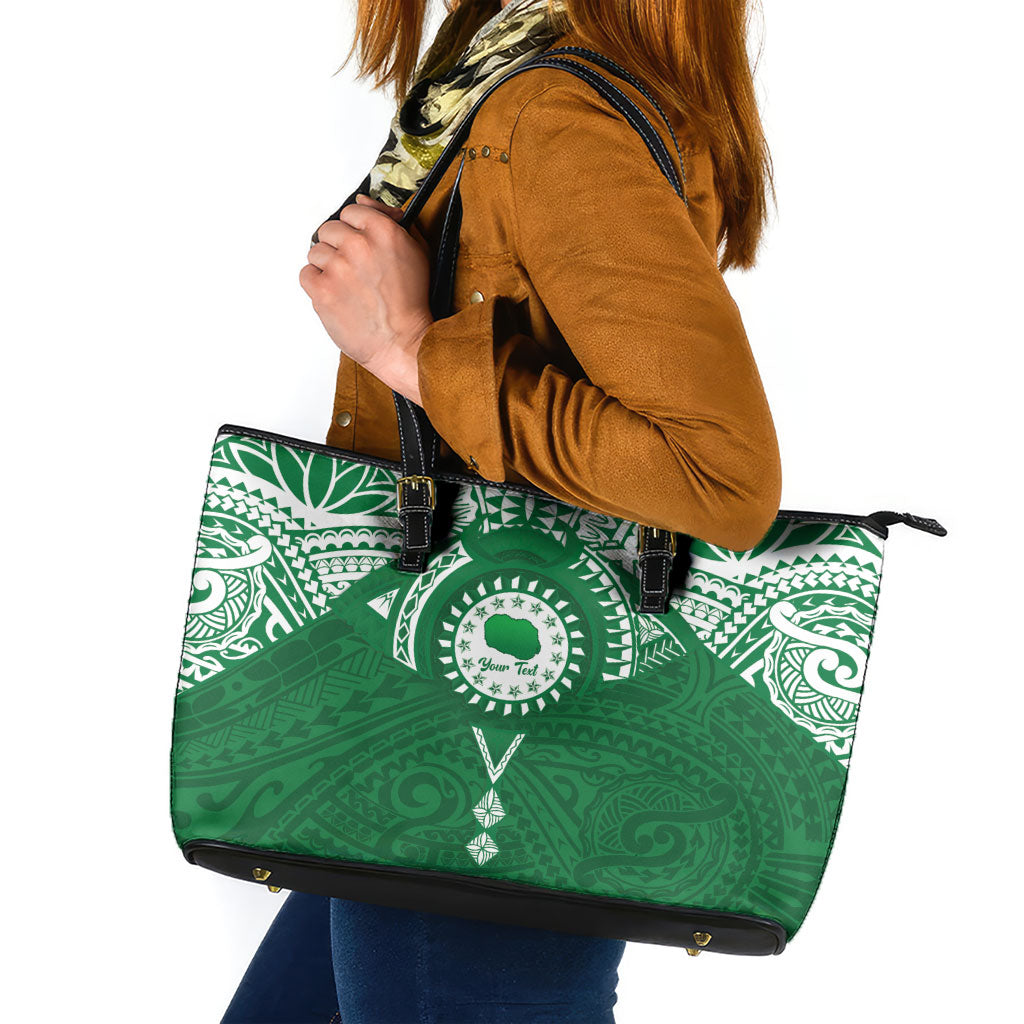 Personalised Cook Islands Rarotonga Leather Tote Bag Map With Kuki Airani Manta Ray Tattoo LT14 Green - Polynesian Pride
