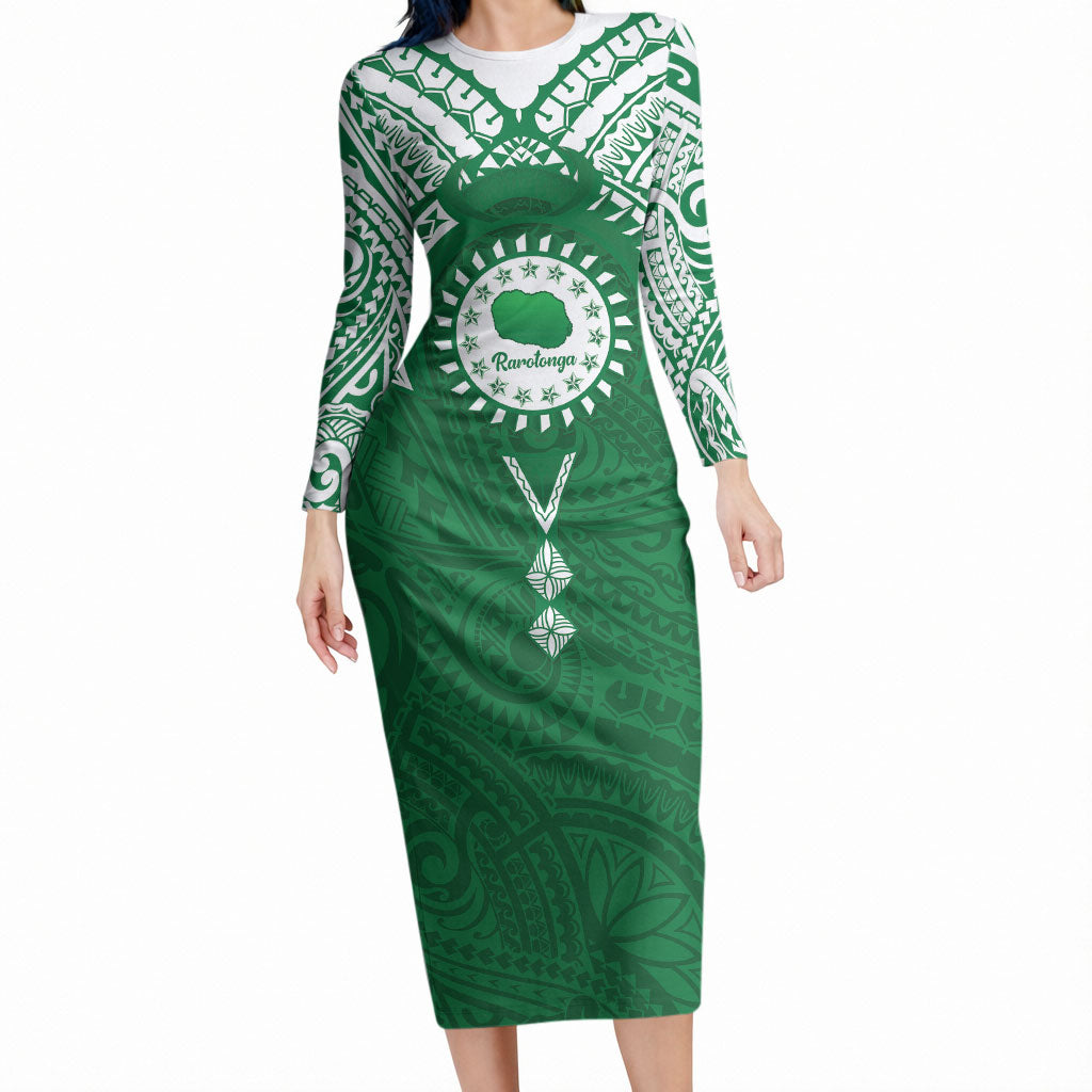 Personalised Cook Islands Rarotonga Long Sleeve Bodycon Dress Map With Kuki Airani Manta Ray Tattoo LT14 Long Dress Green - Polynesian Pride