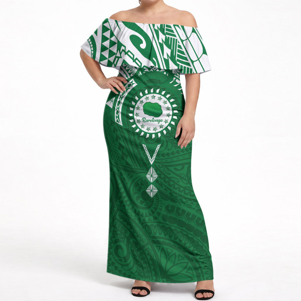 Personalised Cook Islands Rarotonga Off Shoulder Maxi Dress Map With Kuki Airani Manta Ray Tattoo LT14 Women Green - Polynesian Pride