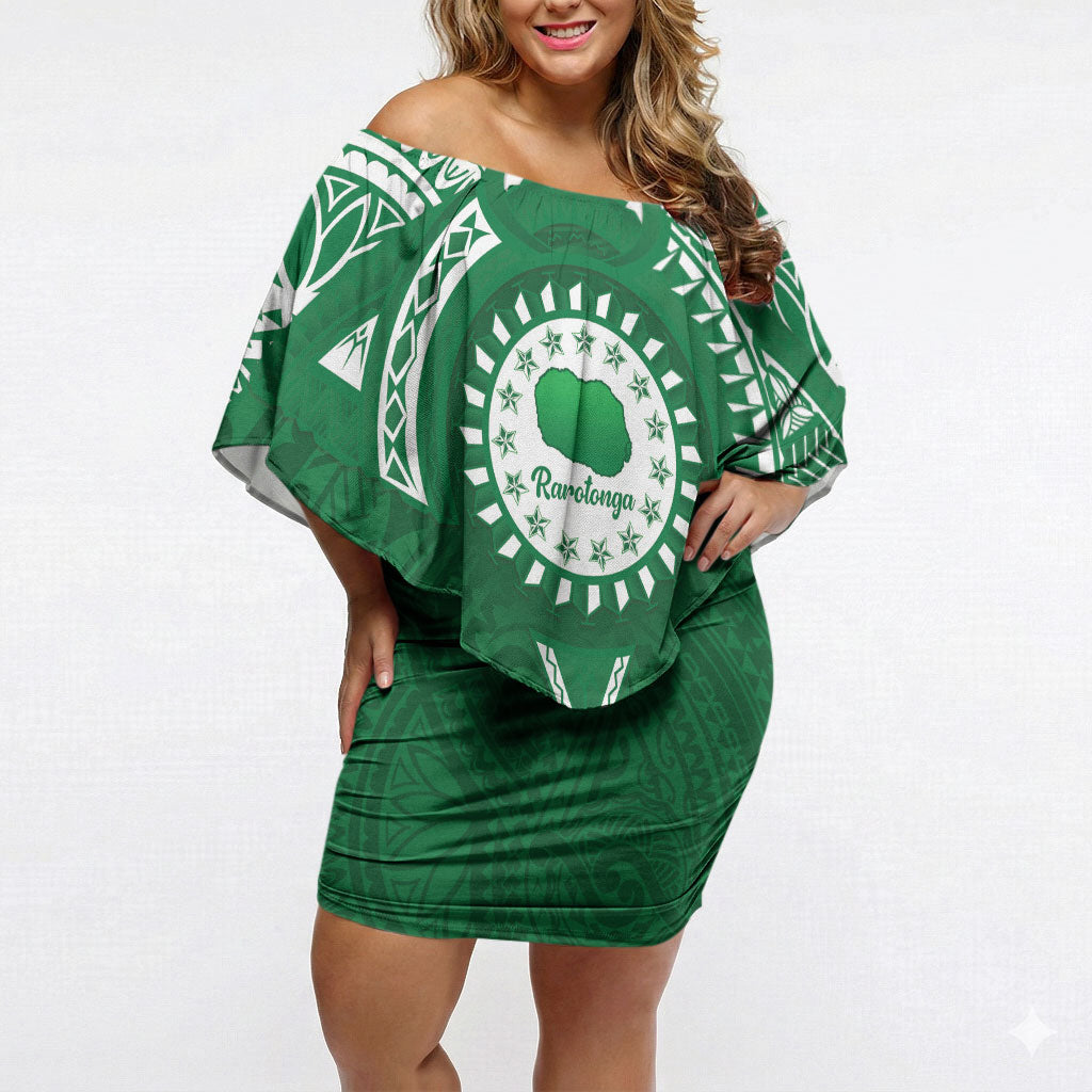 Personalised Cook Islands Rarotonga Off Shoulder Short Dress Map With Kuki Airani Manta Ray Tattoo LT14 Women Green - Polynesian Pride
