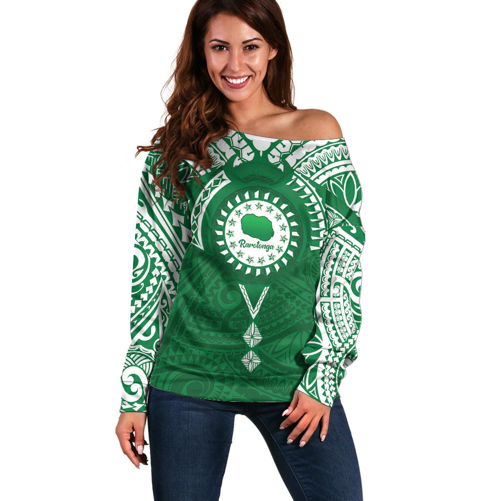 Personalised Cook Islands Rarotonga Off Shoulder Sweater Map With Kuki Airani Manta Ray Tattoo LT14 Women Green - Polynesian Pride