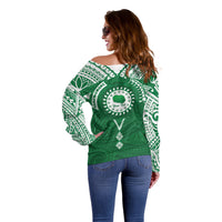 Personalised Cook Islands Rarotonga Off Shoulder Sweater Map With Kuki Airani Manta Ray Tattoo LT14 - Polynesian Pride