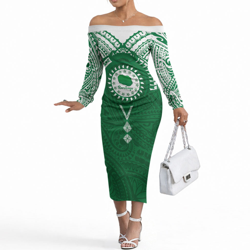 Personalised Cook Islands Rarotonga Off The Shoulder Long Sleeve Dress Map With Kuki Airani Manta Ray Tattoo LT14 Women Green - Polynesian Pride