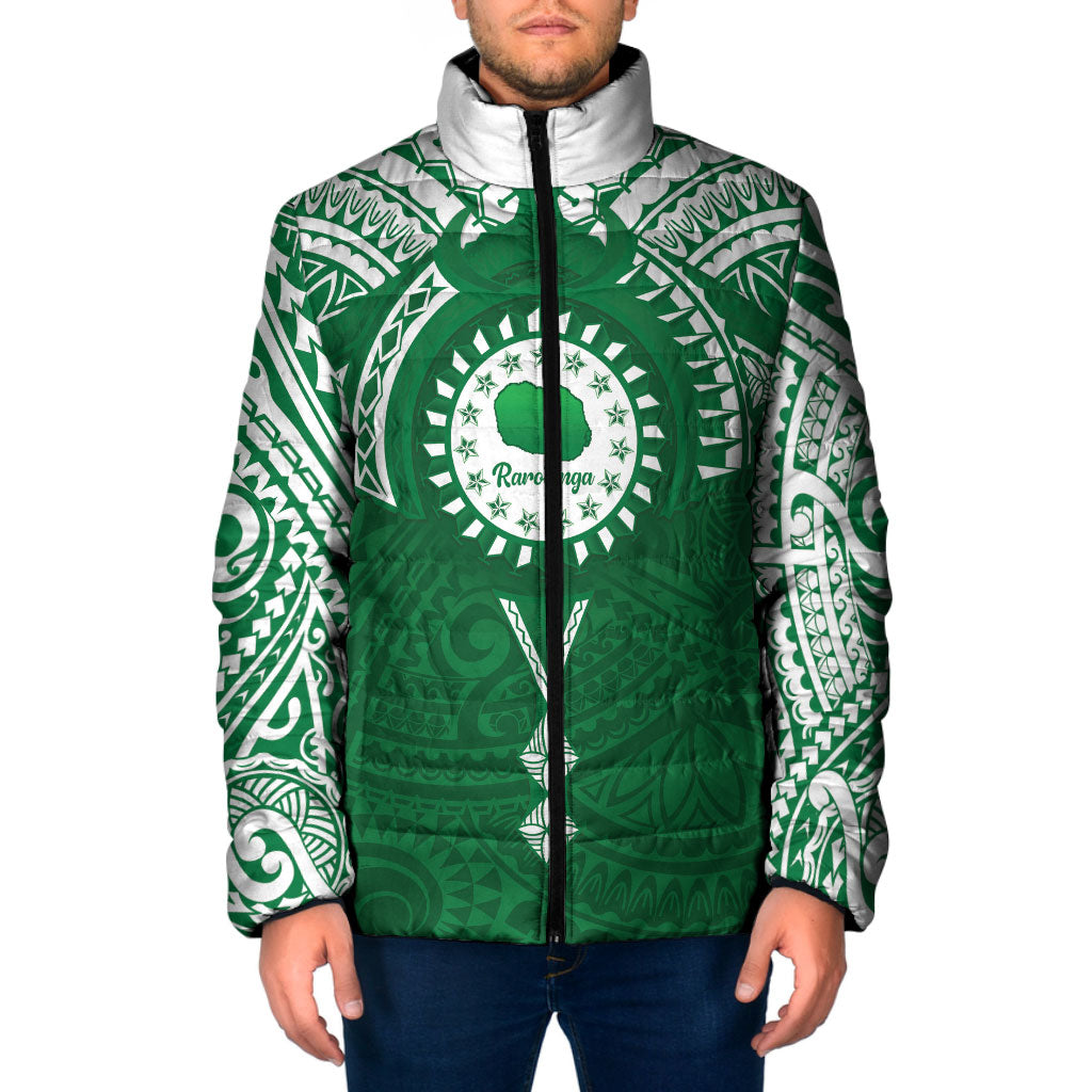 Personalised Cook Islands Rarotonga Padded Jacket Map With Kuki Airani Manta Ray Tattoo LT14 Men Green - Polynesian Pride