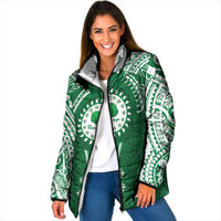 Personalised Cook Islands Rarotonga Padded Jacket Map With Kuki Airani Manta Ray Tattoo LT14 Women Green - Polynesian Pride