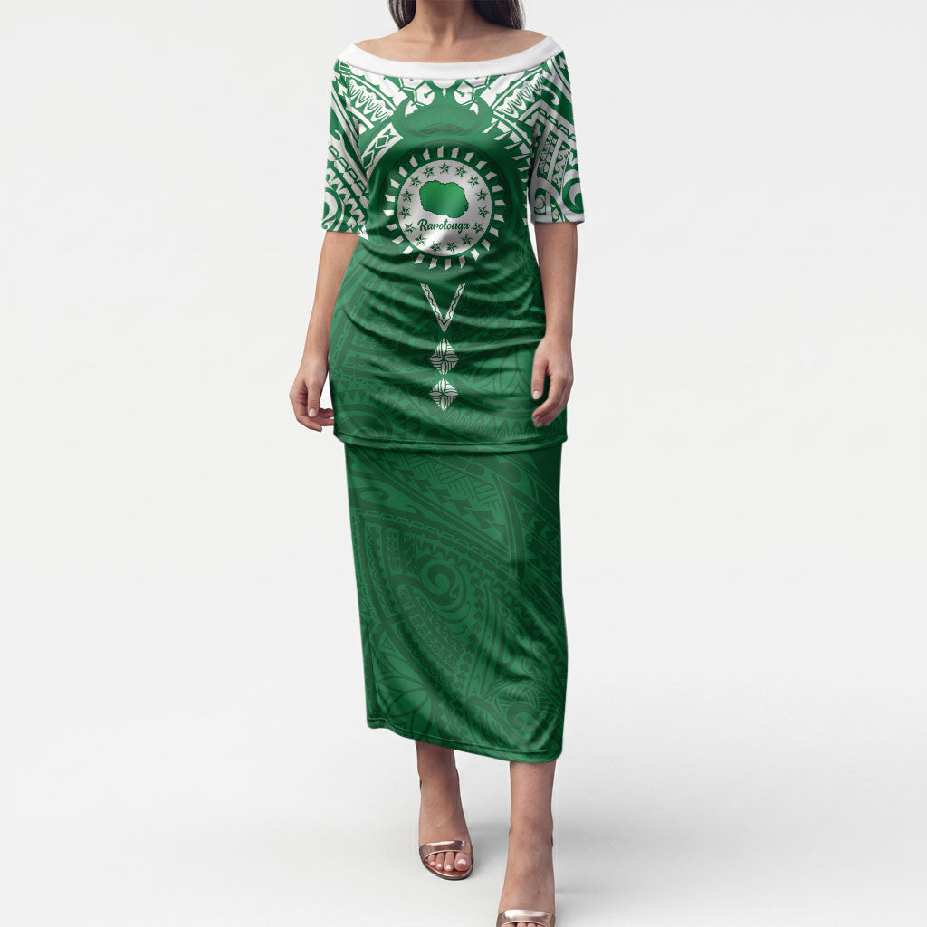 Personalised Cook Islands Rarotonga Puletasi Map With Kuki Airani Manta Ray Tattoo LT14 Long Dress Green - Polynesian Pride