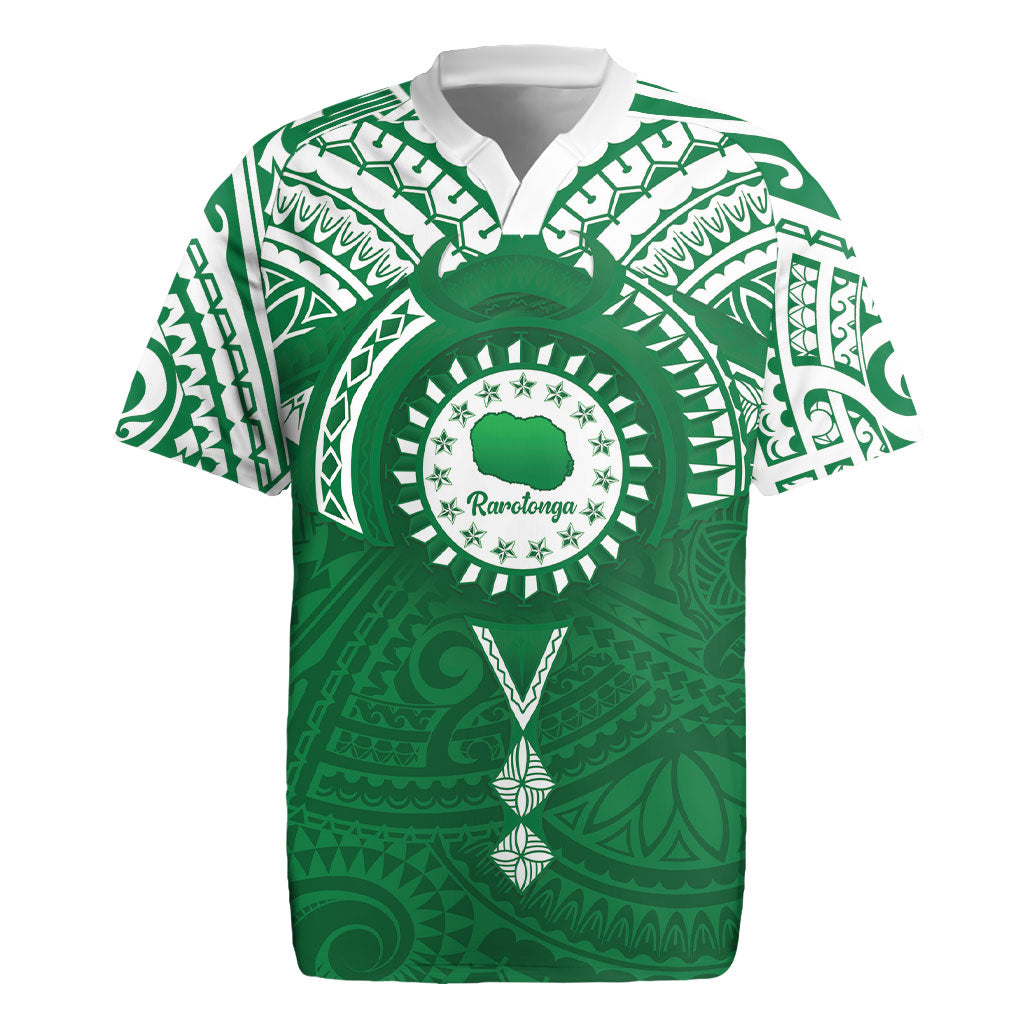 Personalised Cook Islands Rarotonga Rugby Jersey Map With Kuki Airani Manta Ray Tattoo LT14 Green - Polynesian Pride