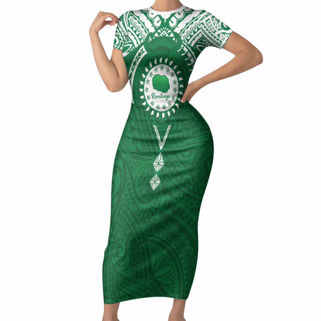 Personalised Cook Islands Rarotonga Short Sleeve Bodycon Dress Map With Kuki Airani Manta Ray Tattoo LT14 Long Dress Green - Polynesian Pride
