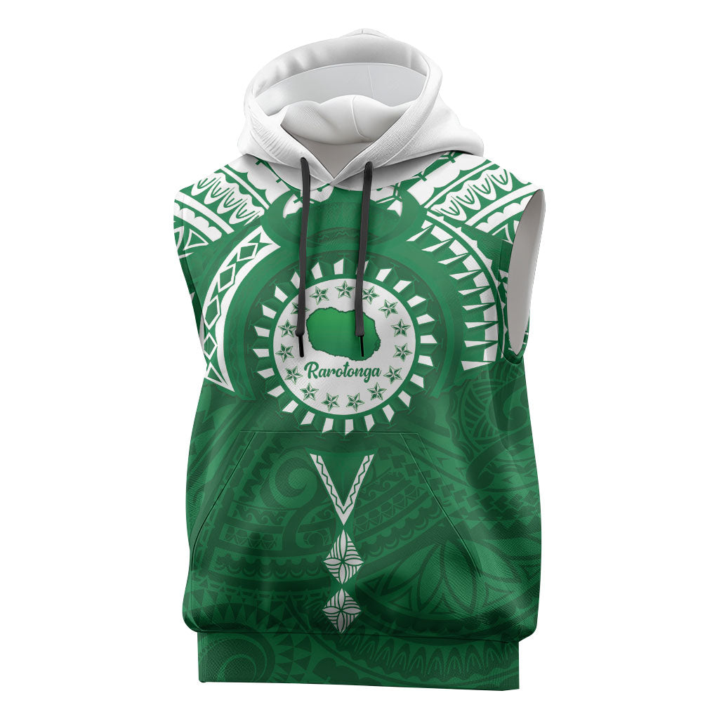 Personalised Cook Islands Rarotonga Sleeveless Hoodie Map With Kuki Airani Manta Ray Tattoo LT14 Green - Polynesian Pride