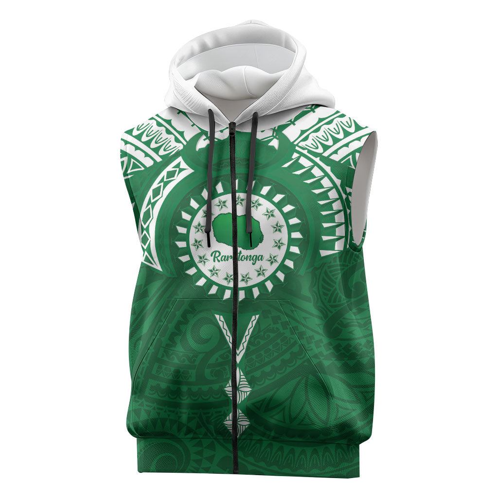 Personalised Cook Islands Rarotonga Sleeveless Zip Hoodie Map With Kuki Airani Manta Ray Tattoo LT14 Green - Polynesian Pride