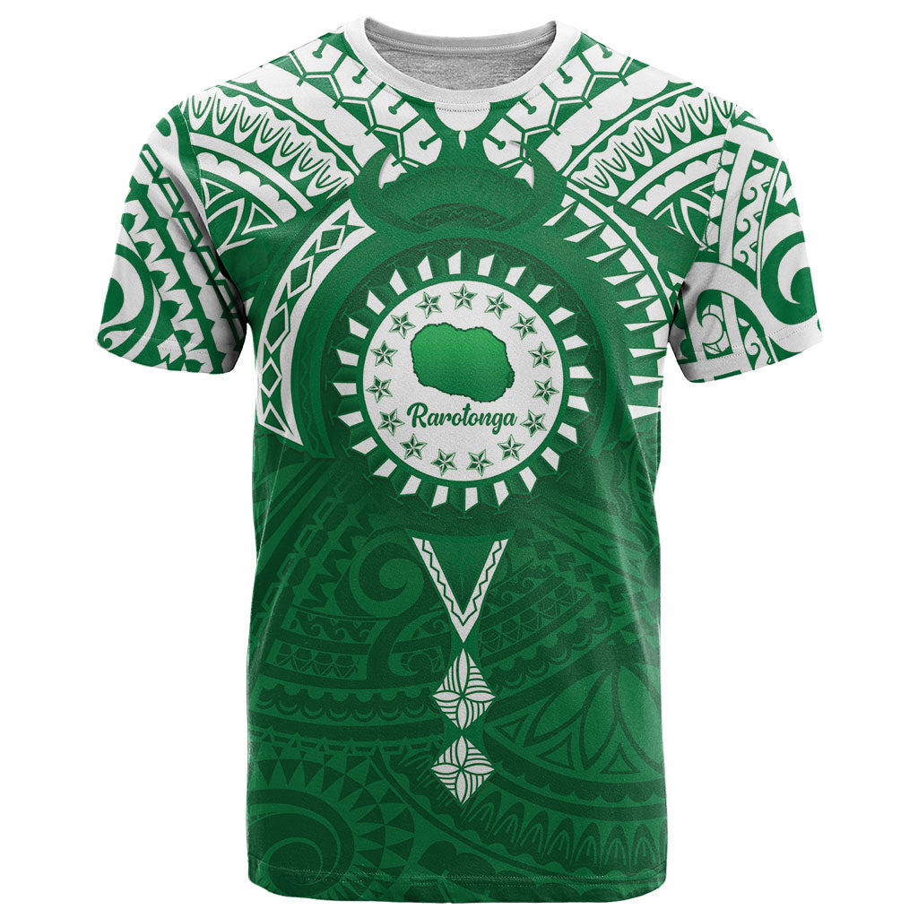 Personalised Cook Islands Rarotonga T Shirt Map With Kuki Airani Manta Ray Tattoo LT14 Green - Polynesian Pride
