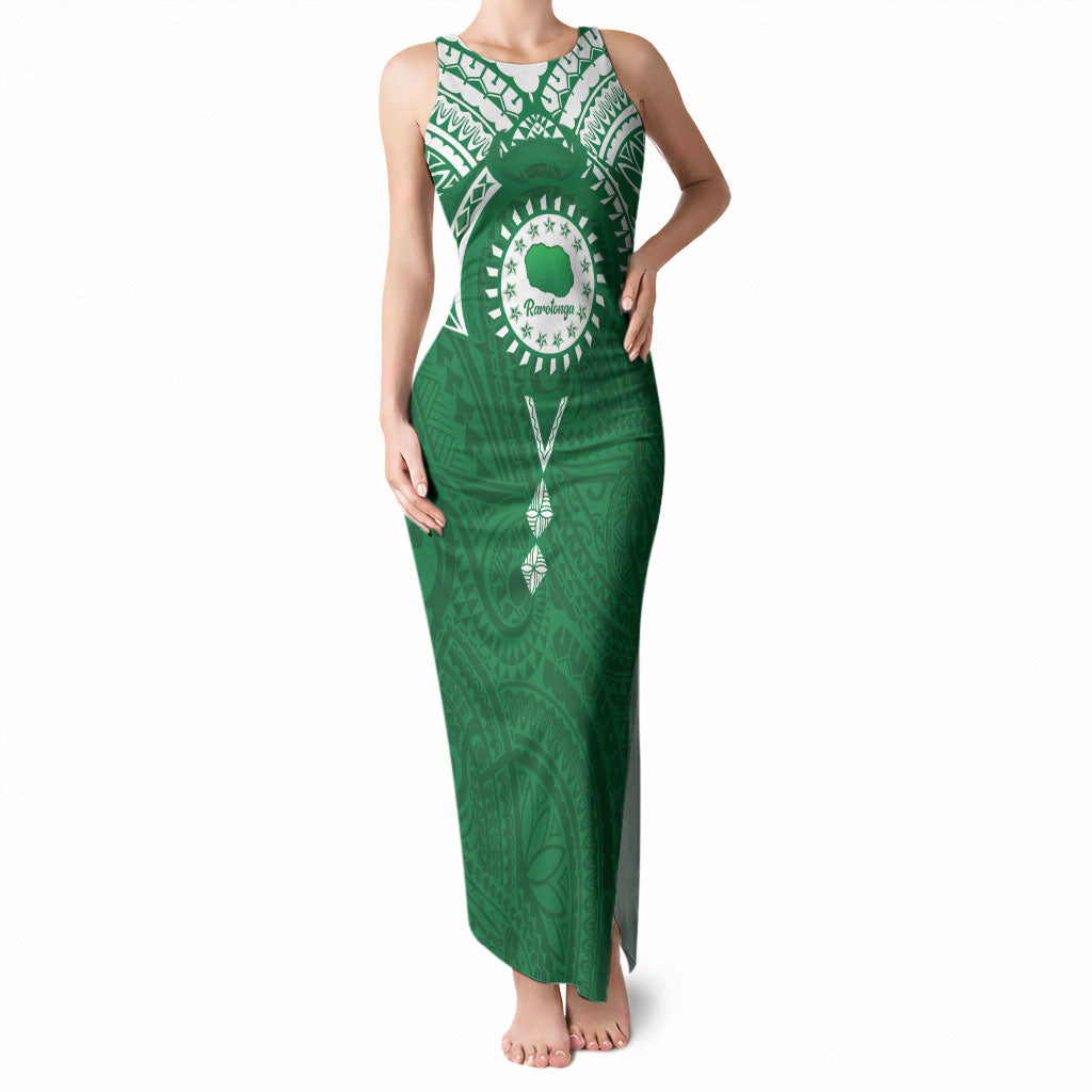 Personalised Cook Islands Rarotonga Tank Maxi Dress Map With Kuki Airani Manta Ray Tattoo LT14 Women Green - Polynesian Pride