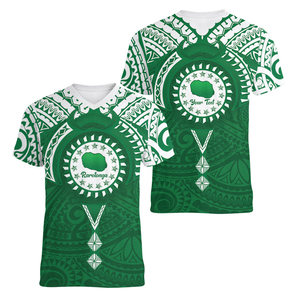 Personalised Cook Islands Rarotonga Women V-Neck T-Shirt Map With Kuki Airani Manta Ray Tattoo LT14 - Polynesian Pride