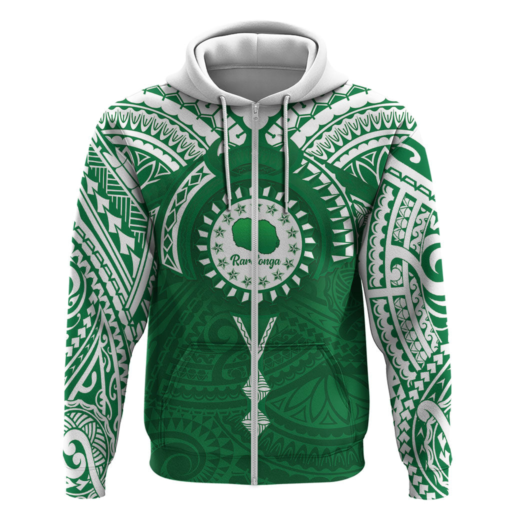 Personalised Cook Islands Rarotonga Zip Hoodie Map With Kuki Airani Manta Ray Tattoo LT14 Zip Hoodie Green - Polynesian Pride