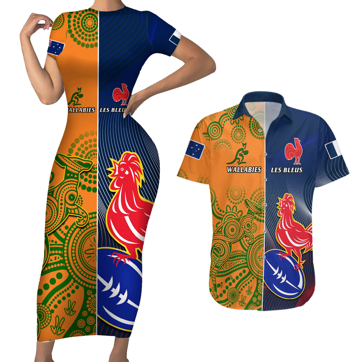France And Australia Rugby Couples Matching Short Sleeve Bodycon Dress and Hawaiian Shirt 2023 World Cup Le Bleus Wallabies Together LT14 Gold - Polynesian Pride