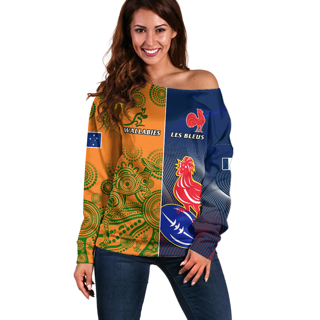 France And Australia Rugby Off Shoulder Sweater 2023 World Cup Le Bleus Wallabies Together LT14 Women Gold - Polynesian Pride