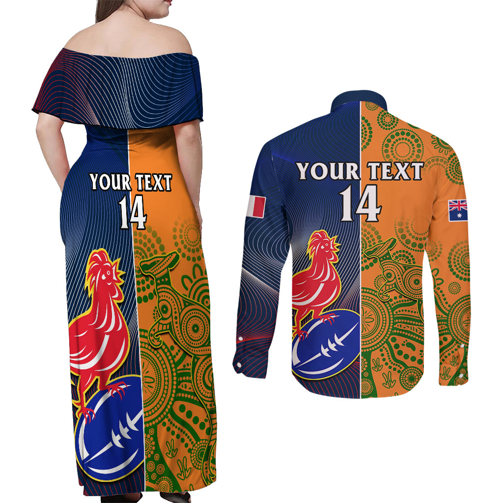Custom France And Australia Rugby Couples Matching Off Shoulder Maxi Dress and Long Sleeve Button Shirts 2023 World Cup Le Bleus Wallabies Together LT14 - Polynesian Pride