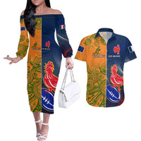 Custom France And Australia Rugby Couples Matching Off The Shoulder Long Sleeve Dress and Hawaiian Shirt 2023 World Cup Le Bleus Wallabies Together LT14 Gold - Polynesian Pride