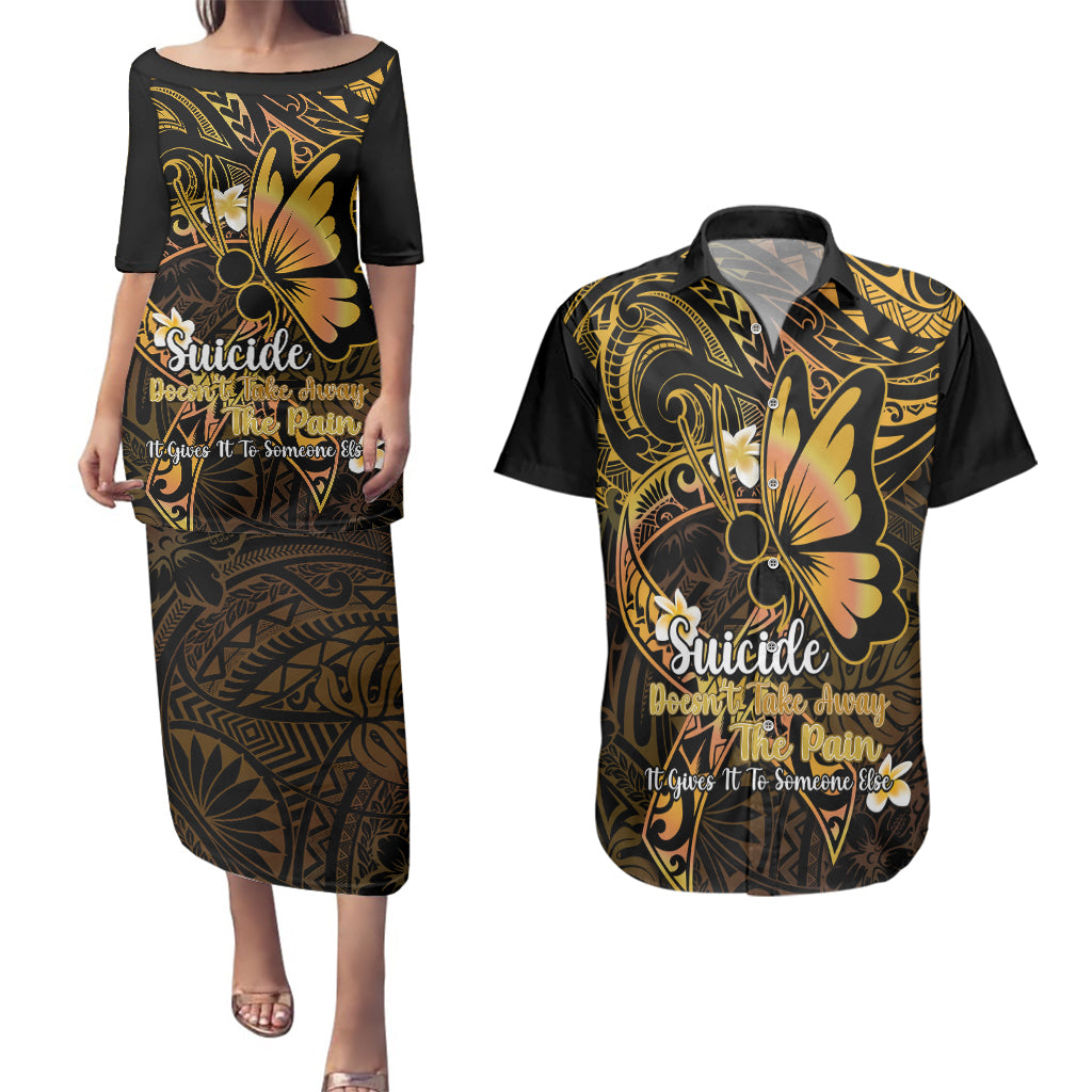 Polynesia Suicide Prevention Awareness Couples Matching Puletasi Dress and Hawaiian Shirt Your Life Is Worth Living For Polynesian Gold Pattern LT14 Gold - Polynesian Pride