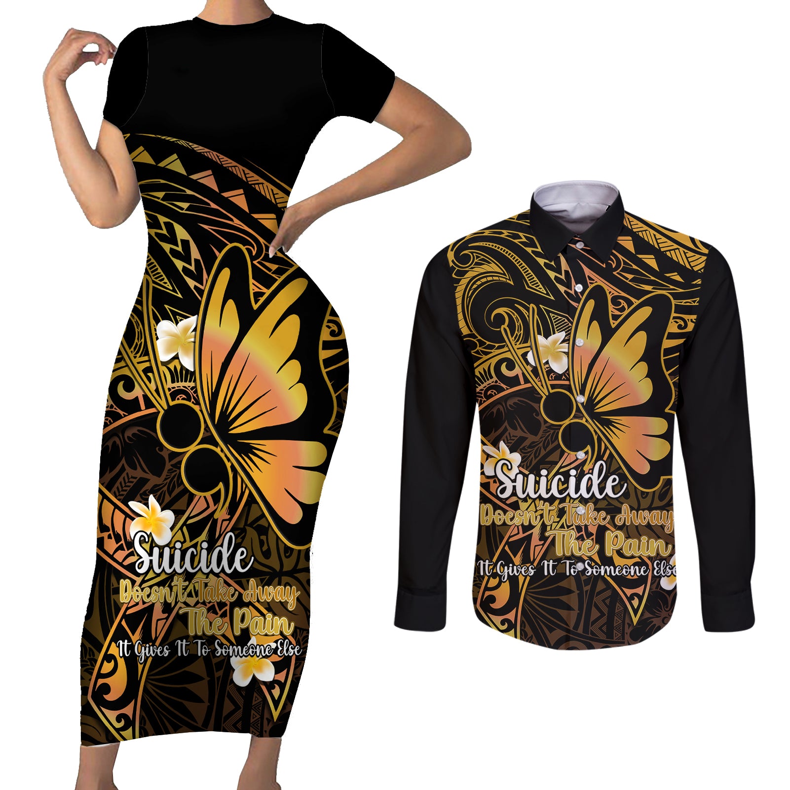 Polynesia Suicide Prevention Awareness Couples Matching Short Sleeve Bodycon Dress and Long Sleeve Button Shirts Your Life Is Worth Living For Polynesian Gold Pattern LT14 Gold - Polynesian Pride