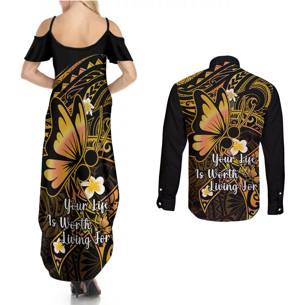 Polynesia Suicide Prevention Awareness Couples Matching Summer Maxi Dress and Long Sleeve Button Shirts Your Life Is Worth Living For Polynesian Gold Pattern LT14 - Polynesian Pride