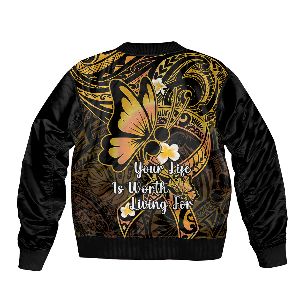 Polynesia Suicide Prevention Awareness Sleeve Zip Bomber Jacket Your Life Is Worth Living For Polynesian Gold Pattern LT14 - Polynesian Pride