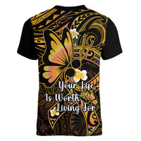 Polynesia Suicide Prevention Awareness Women V Neck T Shirt Your Life Is Worth Living For Polynesian Gold Pattern LT14 - Polynesian Pride