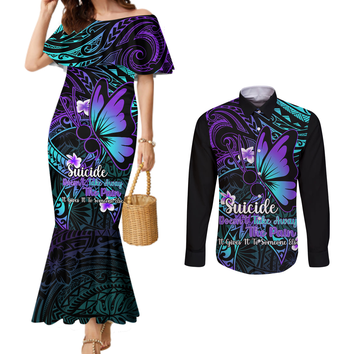 Polynesia Suicide Prevention Awareness Couples Matching Mermaid Dress and Long Sleeve Button Shirts Your Life Is Worth Living For Polynesian Purple Pattern LT14 Purple - Polynesian Pride