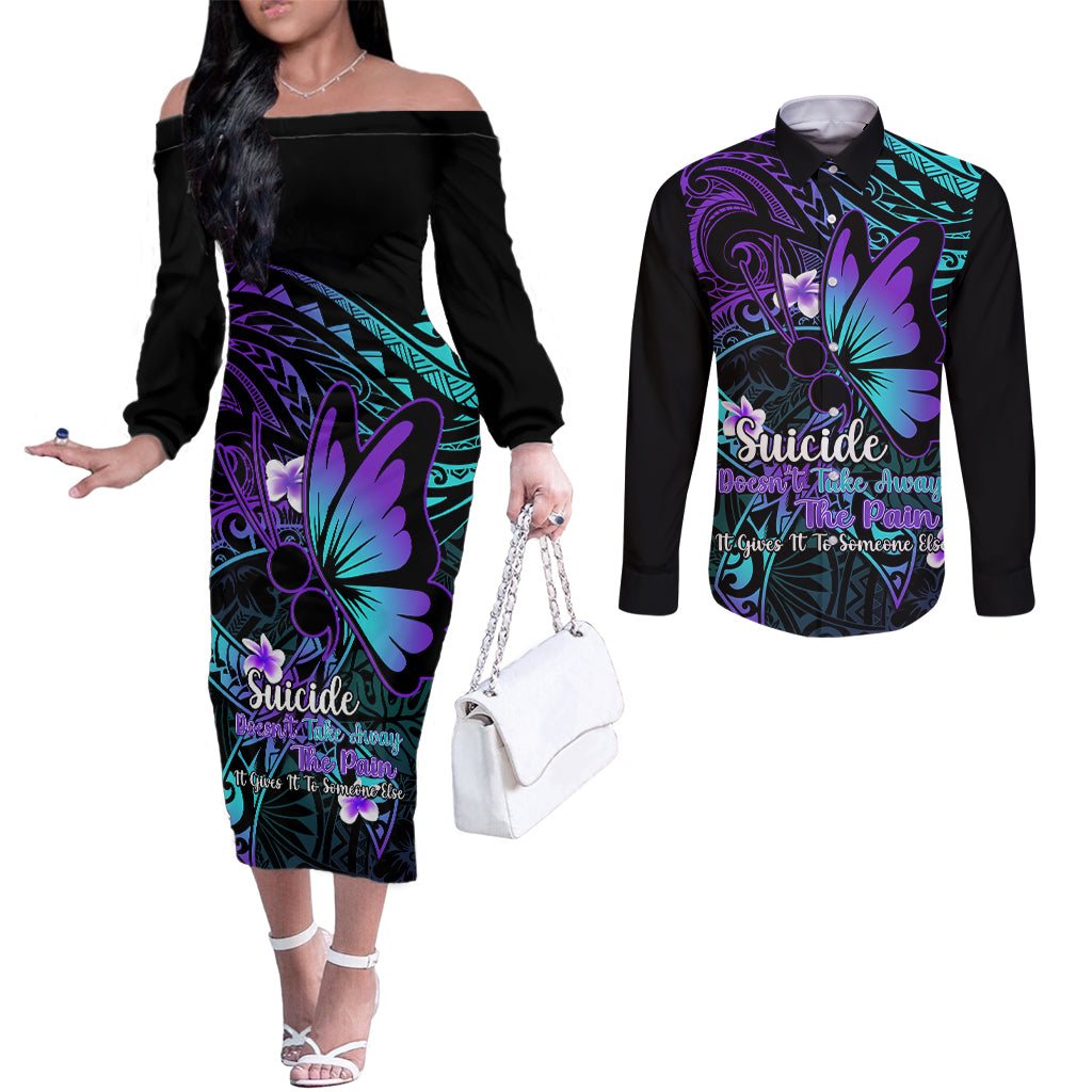 Polynesia Suicide Prevention Awareness Couples Matching Off The Shoulder Long Sleeve Dress and Long Sleeve Button Shirts Your Life Is Worth Living For Polynesian Purple Pattern LT14 Purple - Polynesian Pride