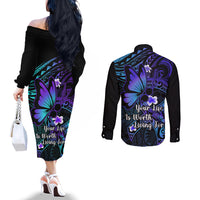 Polynesia Suicide Prevention Awareness Couples Matching Off The Shoulder Long Sleeve Dress and Long Sleeve Button Shirts Your Life Is Worth Living For Polynesian Purple Pattern LT14 - Polynesian Pride