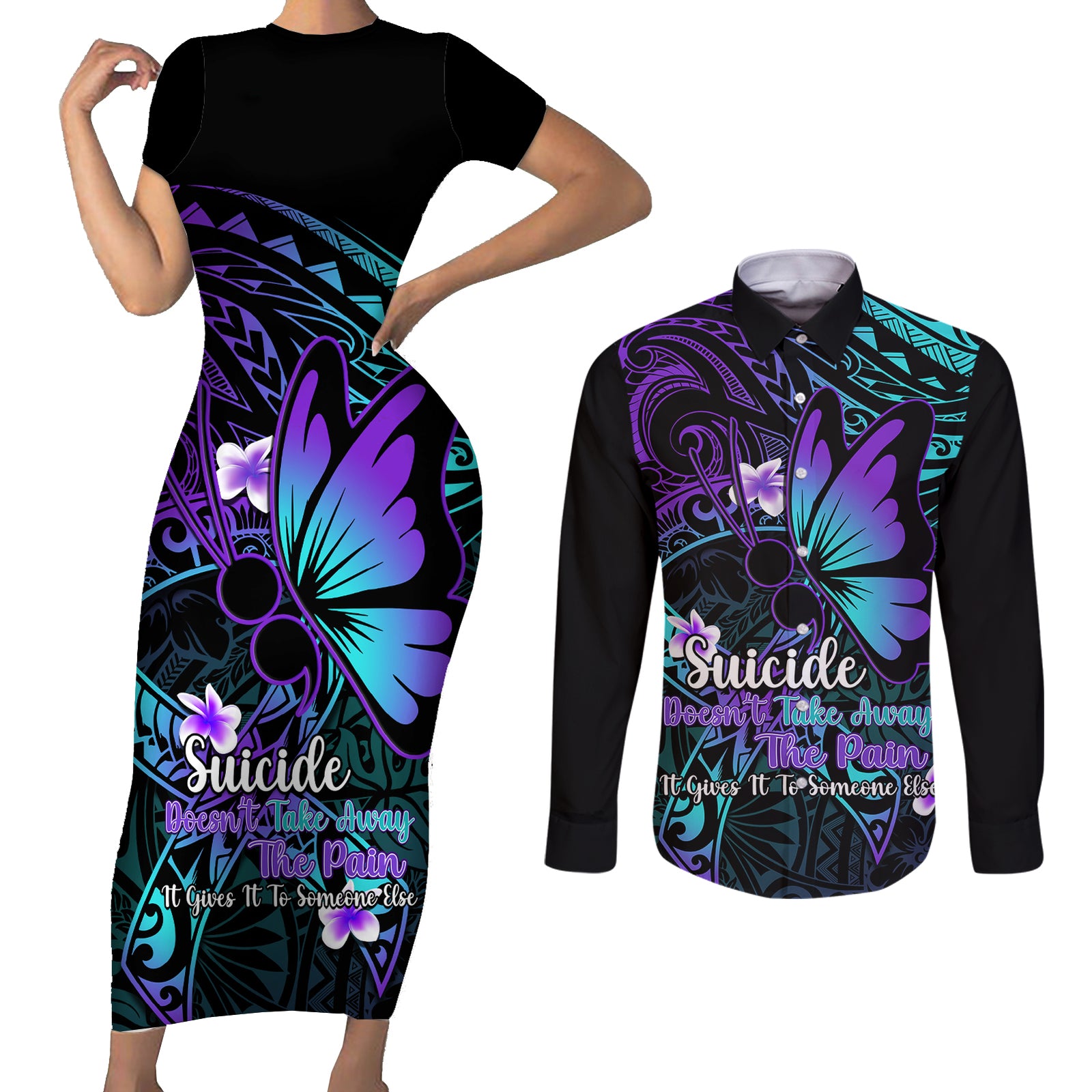 Polynesia Suicide Prevention Awareness Couples Matching Short Sleeve Bodycon Dress and Long Sleeve Button Shirts Your Life Is Worth Living For Polynesian Purple Pattern LT14 Purple - Polynesian Pride