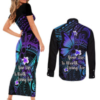 Polynesia Suicide Prevention Awareness Couples Matching Short Sleeve Bodycon Dress and Long Sleeve Button Shirts Your Life Is Worth Living For Polynesian Purple Pattern LT14 - Polynesian Pride