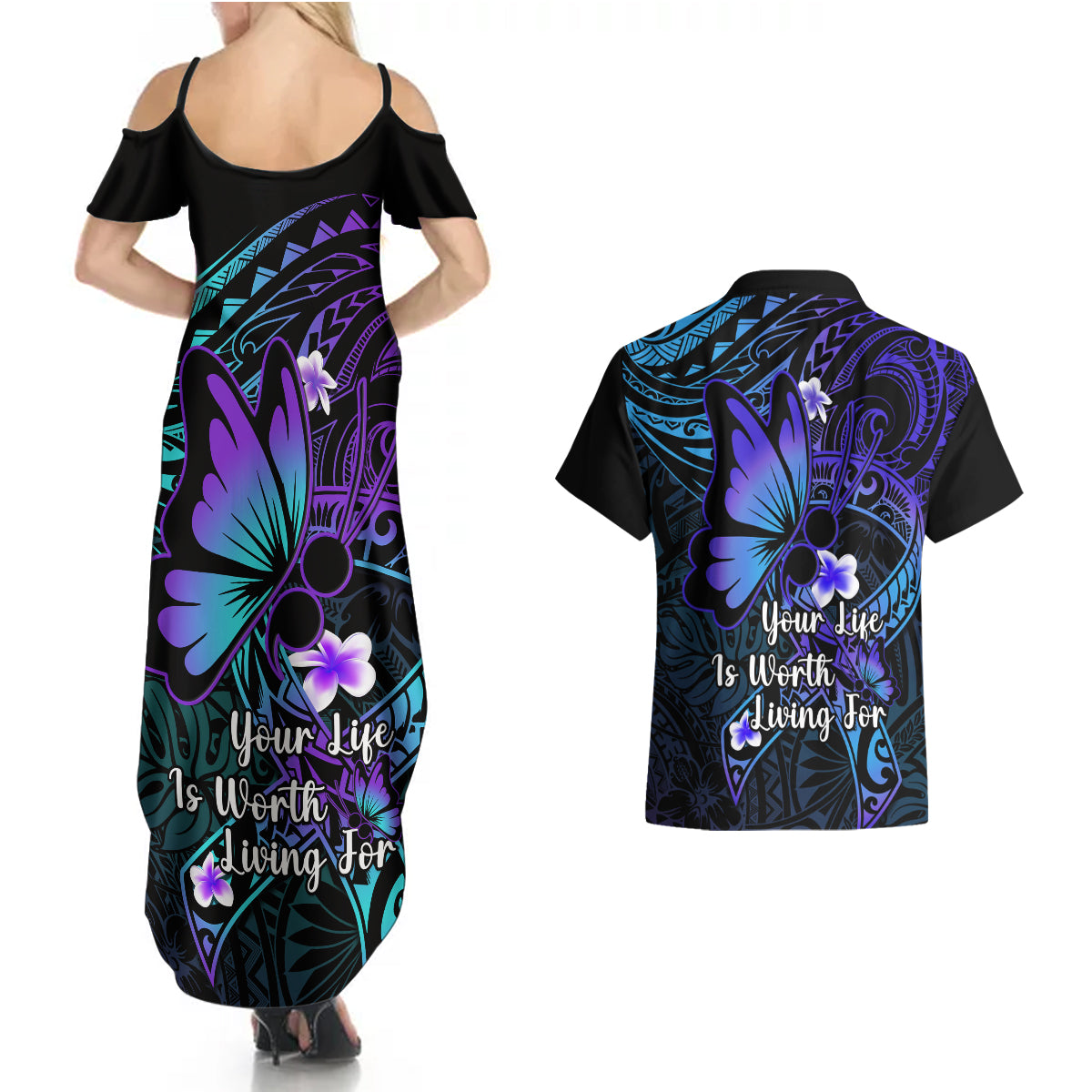 Polynesia Suicide Prevention Awareness Couples Matching Summer Maxi Dress and Hawaiian Shirt Your Life Is Worth Living For Polynesian Purple Pattern LT14 - Polynesian Pride