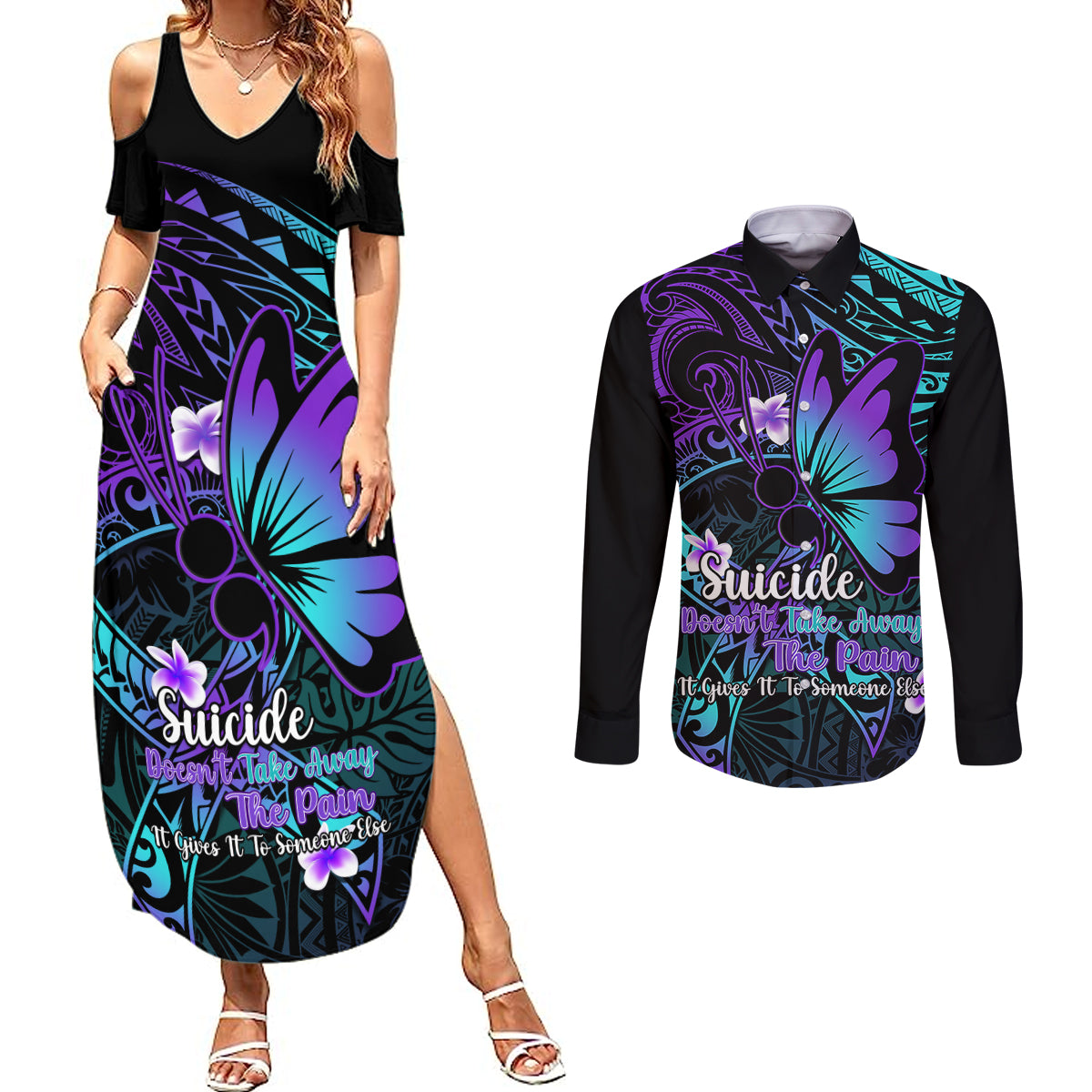 Polynesia Suicide Prevention Awareness Couples Matching Summer Maxi Dress and Long Sleeve Button Shirts Your Life Is Worth Living For Polynesian Purple Pattern LT14 Purple - Polynesian Pride