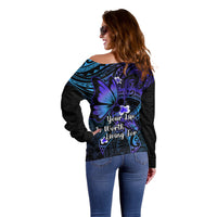 Polynesia Suicide Prevention Awareness Off Shoulder Sweater Your Life Is Worth Living For Polynesian Purple Pattern LT14 - Polynesian Pride