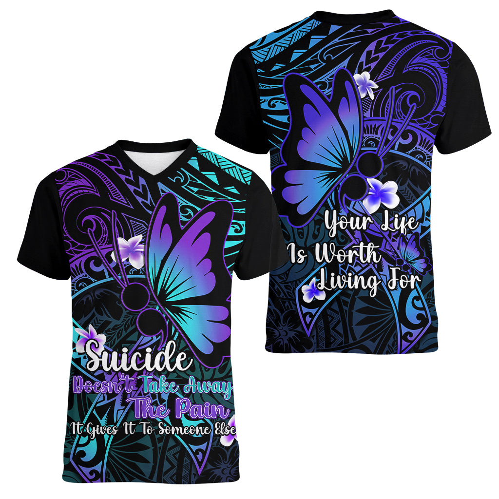 Polynesia Suicide Prevention Awareness Women V Neck T Shirt Your Life Is Worth Living For Polynesian Purple Pattern LT14 - Polynesian Pride