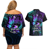 Polynesia Suicide Prevention Awareness Couples Matching Off Shoulder Short Dress and Hawaiian Shirt Your Life Is Worth Living For Polynesian Blue Pattern LT14 - Polynesian Pride